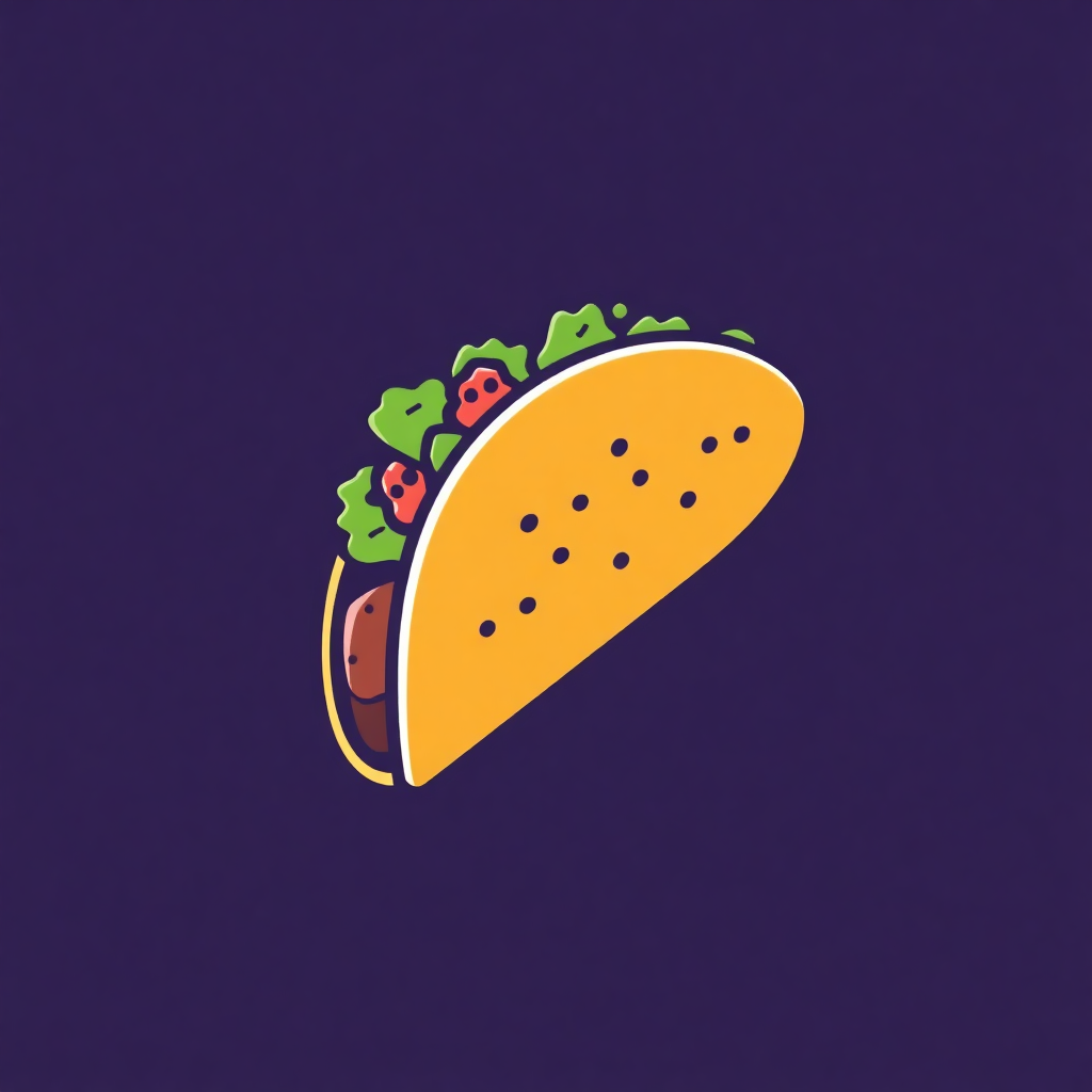 The image is an illustration of a taco on a dark purple background. The taco is in the shape of a tortilla with a yellow base and black spots on the sides. It is filled with lettuce, tomato, and cheese. The lettuce is green and the tomato is red. The cheese is brown and appears to be melted. The overall design is simple and cartoon-like.