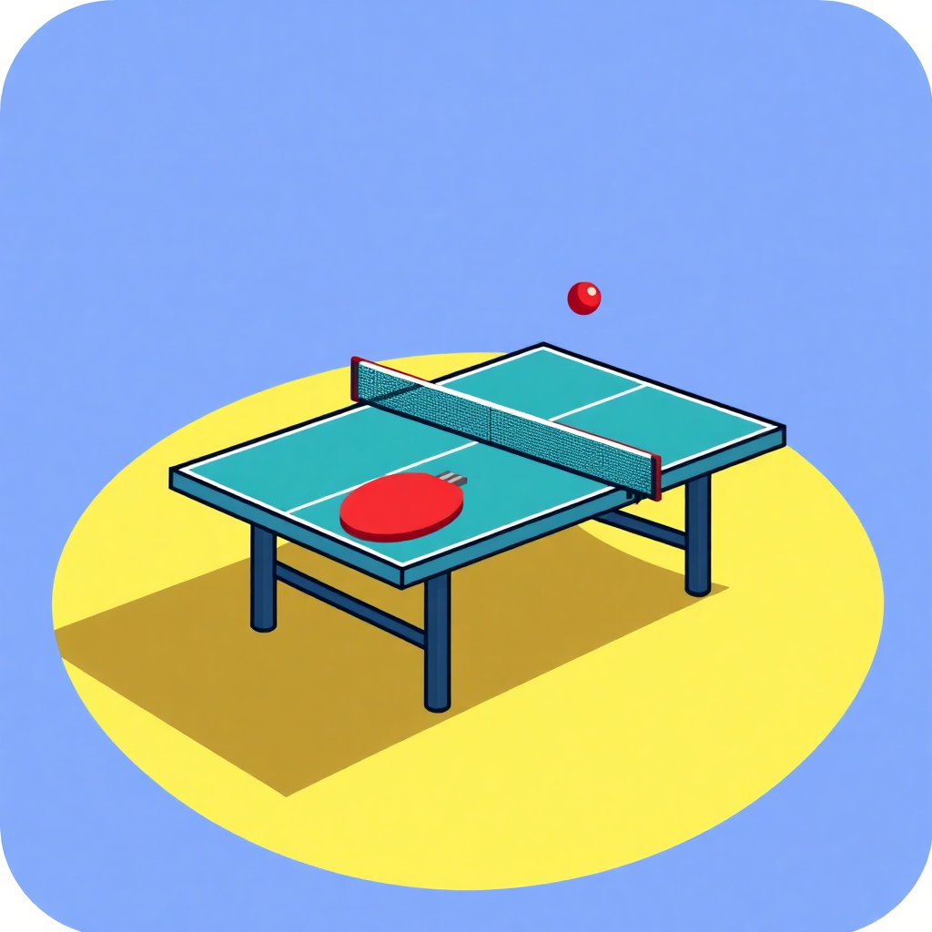 The image is an illustration of a ping pong table. The table is rectangular in shape and has a blue top with a green net. There is a red ping-pong ball on the right side of the table and a yellow circle on the left side. The background is a light blue color. The image is in a flat, cartoon-like style.