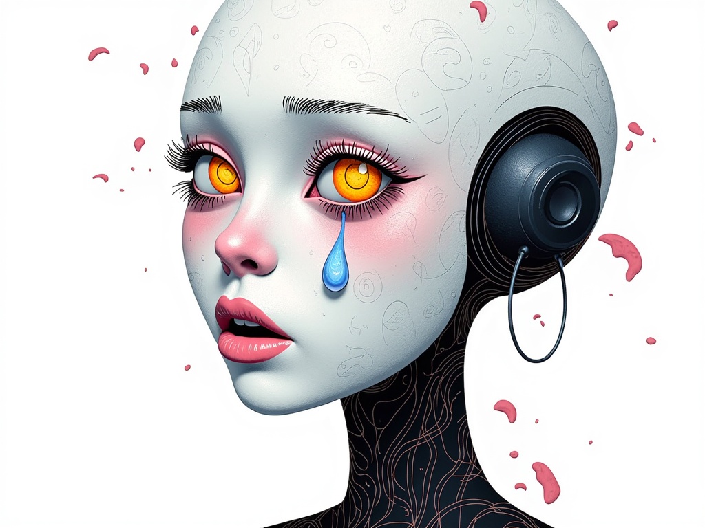 Data Overload Distress: The AI character's hyper-detailed features depict a moment of extreme internal conflict or data overload, shown not through overt emotion but through subtle cues like flickering patterns beneath the 'skin,' micro-vibrations around the eyes, or a single, synthetic tear composed of a strange fluid.