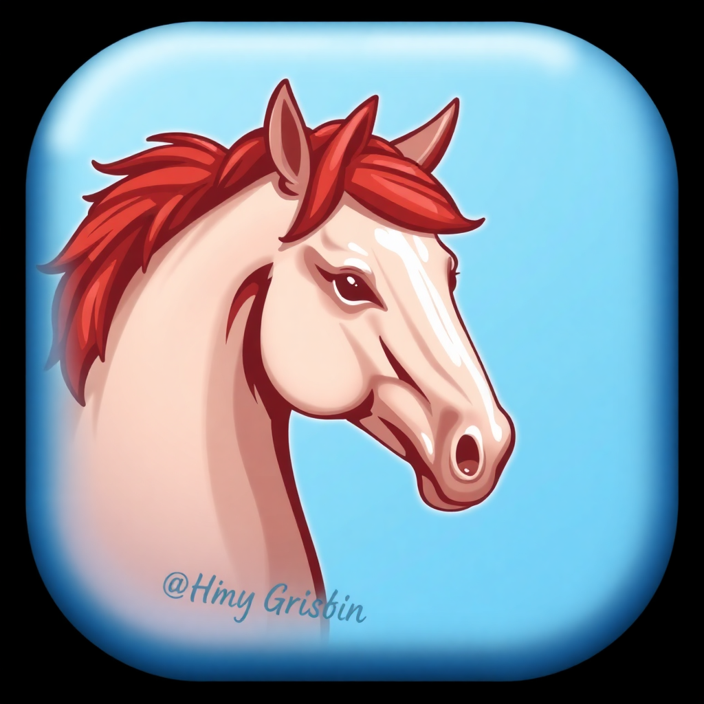 The image is a digital illustration of a horse's head. The horse is facing towards the right side of the image, with its head turned slightly to the left. It has a white coat with a red mane that is flowing in the wind. The mane is a mix of red and brown, and the horse's eyes are a deep brown color. The background is a light blue color, and there is a text in the bottom right corner that reads @Himy Grisbin. The overall style of the illustration is cartoon-like and playful.