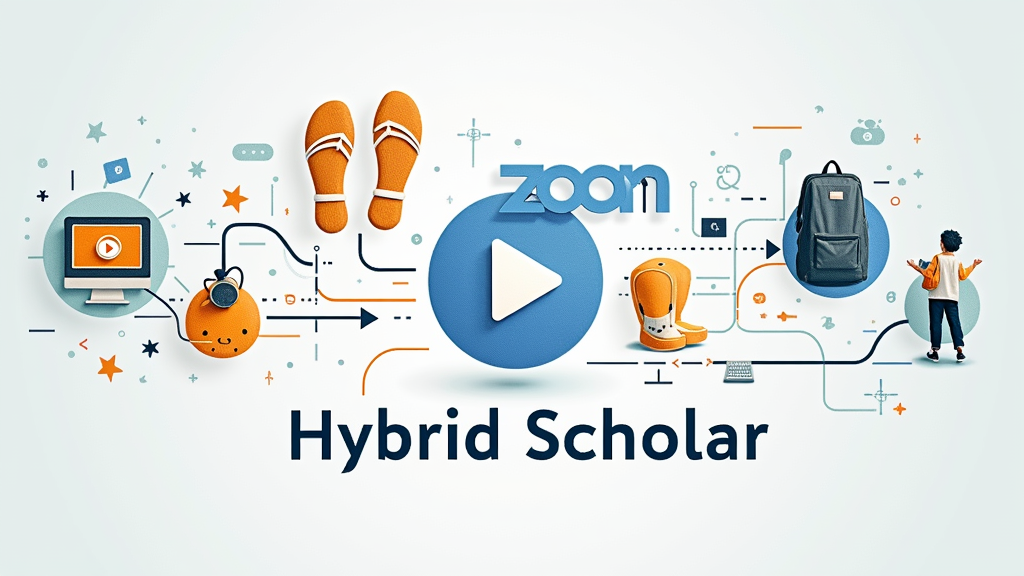 Iconographic Path: A visual flow of icons. Starts with a 'Zoom' logo or video play button, connected by a dotted line or arrows to icons representing physical presence like footprints, an open door, or a backpack, leading to 'Walk In'. The slogan 'Hybrid Scholar' placed below or at the end of the path.