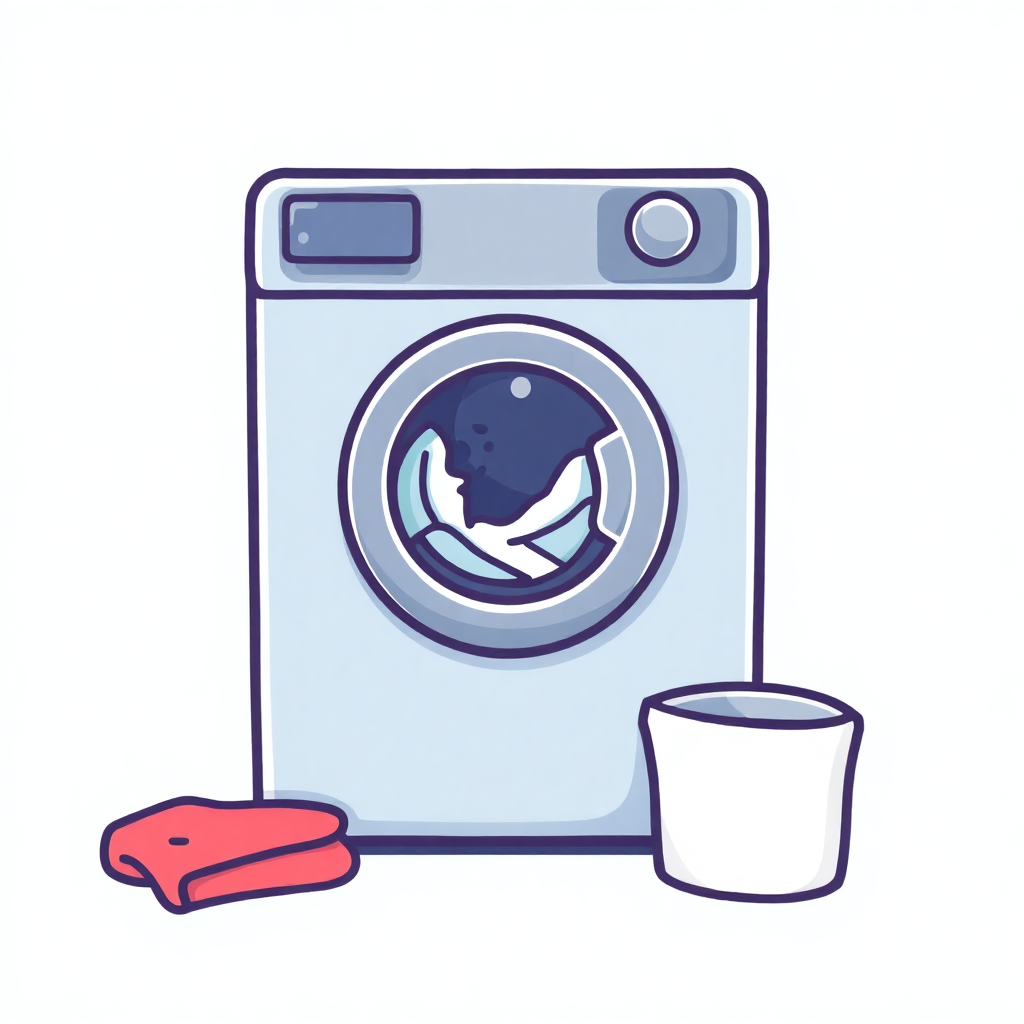 The image shows a washing machine with a cup of coffee next to it. The washing machine is a bright blue color with a white door and a handle on the top. The cup is white with a handle and a lid. The coffee cup is a light brown color and is placed next to the washing machine.