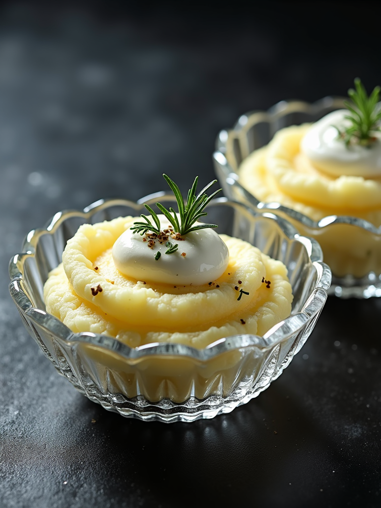 Mashed potatoes in elegant crystal serving ware, with dollops of sour cream and sprinkled rosemary, against a dark textured surface for contrast.