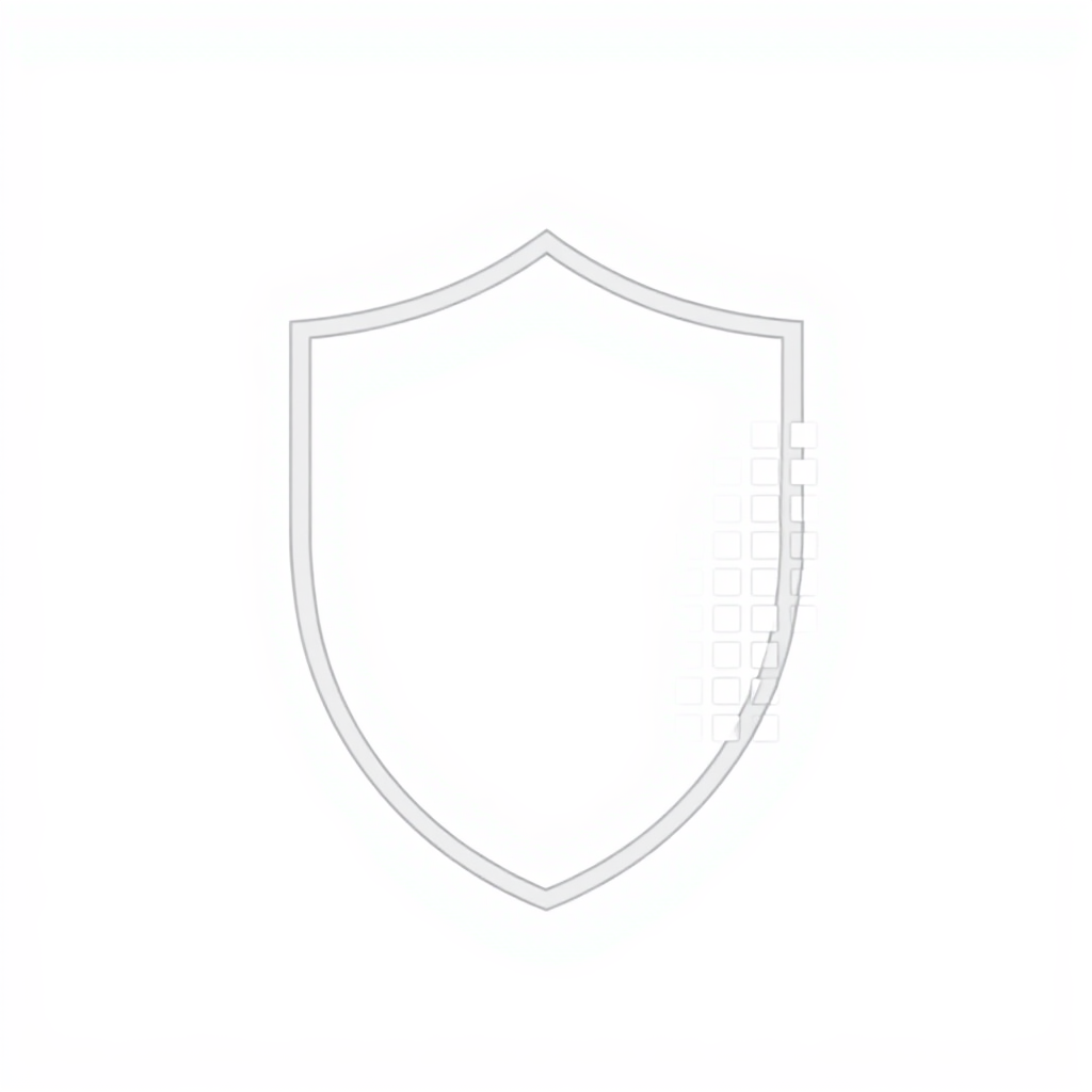 A clean shield outline with one corner subtly pixelated or dissolving into small squares, visually representing digital defense or transformation.