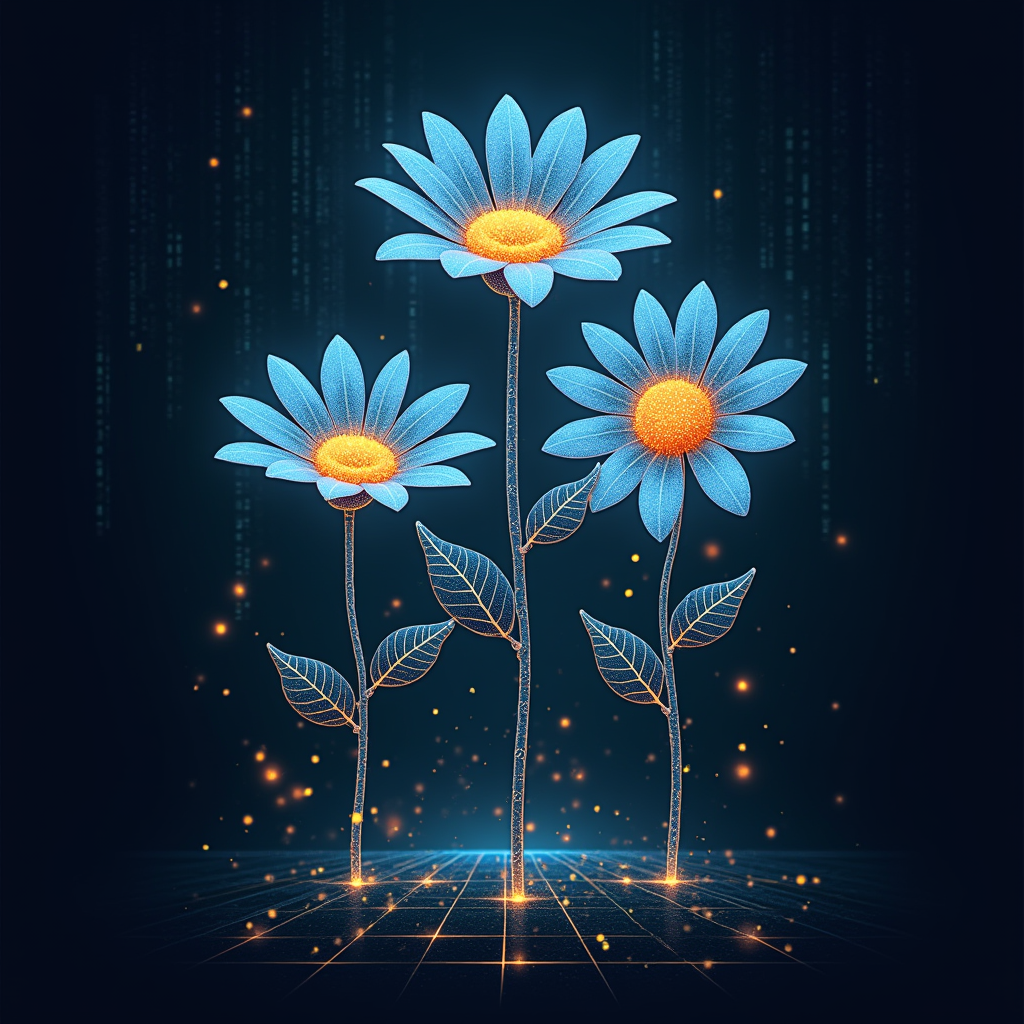 Bioluminescent Daisy Grid: A T-shirt design featuring stylized daisies whose petals and stems are formed by glowing circuit traces, arranged on a subtle digital grid. The centers of the daisies could appear to pulse with light, against a dark background possibly with faint data streams or abstract electronic patterns.