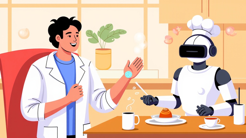 An illustration showcasing a patient comfortably at home, interacting with their AI-generated personalized treatment. This could be a smart patch delivering precise medication, a VR headset guiding them through AI-personalized therapy, or an AI chef robot preparing a specific meal based on their plan, all seamlessly integrated into a technologically advanced yet warm home environment.