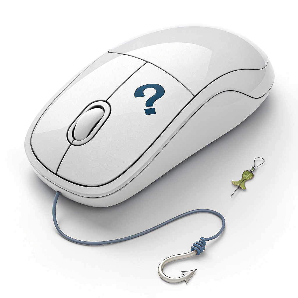 Simple Icon Idea: A simplified computer mouse icon with a prominent '?' (question mark) directly above it, and a small, subtle fishhook graphic dangling from the bottom of the mouse or question mark.