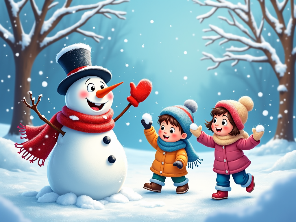 The image shows two children playing with a snowman in the snow. The snowman is wearing a top hat, scarf, and gloves, and is surrounded by trees covered in a blanket of snow.