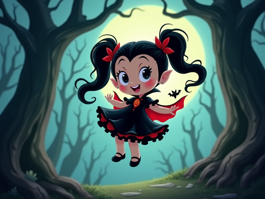 The image is a digital illustration of a cute little girl dressed up as a vampire. She is standing in a forest with tall trees on either side of her. The girl has long black hair styled in two pigtails with red bows on top. She has a big smile on her face and is wearing a black dress with a red cape and black shoes. In her hands, she is holding a bat and appears to be flying through the air. The background is a dark blue night sky with a full moon. The overall mood of the image is spooky and eerie.