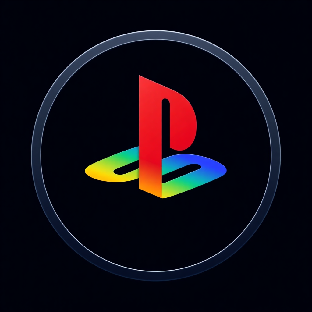 The image is a circular logo with a black background. In the center of the logo, there is a red letter P in the shape of a letter B with a rainbow-colored triangle on either side. The triangle is made up of different colors, including red, orange, yellow, green, blue, and purple. The colors are arranged in a way that creates a sense of depth and dimension. The logo appears to be a representation of the PlayStation logo.