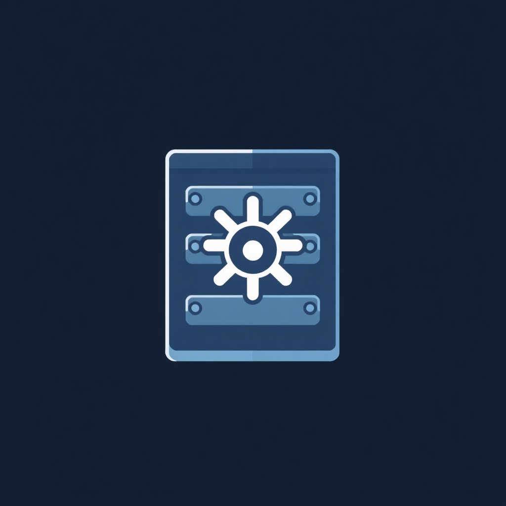 The image is a square-shaped icon with a dark blue background. In the center of the icon, there is a white icon of a gear or mechanism. The gear is in the shape of a circle with six spokes radiating outwards from the center. The spokes are arranged in a symmetrical pattern, with each spokes having a small hole in the middle. The overall design is simple and minimalistic.