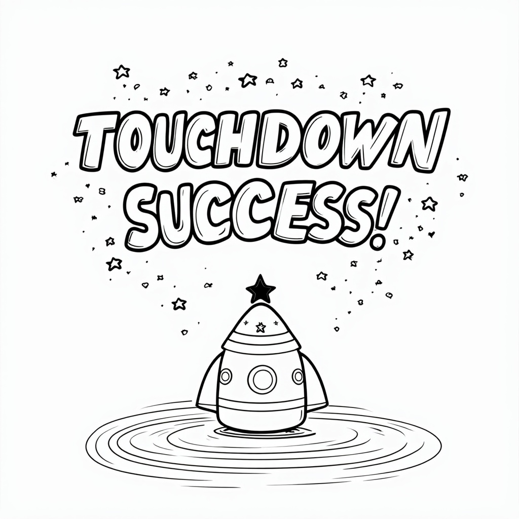 Starliner capsule firmly on the ground. Design includes a large, colorable banner text saying 'TOUCHDOWN SUCCESS!' or 'STARLINER: SAFE LANDING!' with stars and celebratory motifs around it.