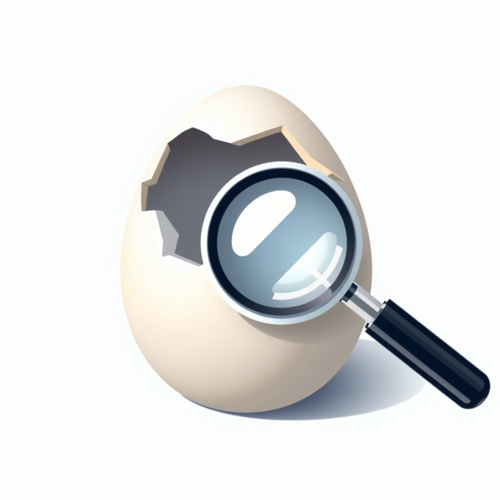 A cracked Easter egg with a small magnifying glass hovering over it, suggesting a hunt or investigation.