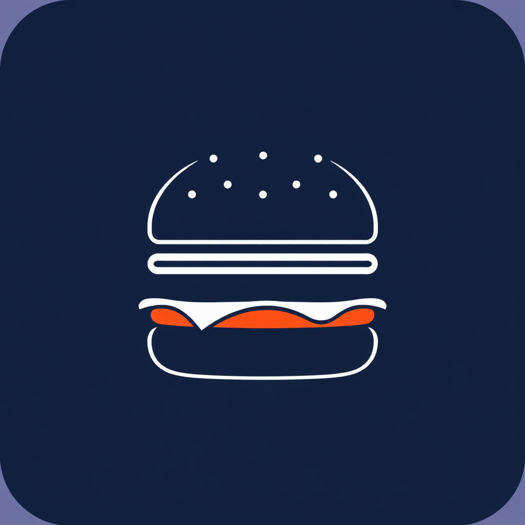 A minimalist icon featuring a simplified side view of a hamburger with clear, bold lines.