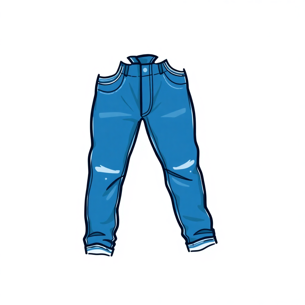 The image is a digital illustration of a pair of blue jeans. The jeans are drawn in a simple, cartoon-like style with a straight leg and a slightly tapered leg. The front of the jeans has a button and zipper closure, and there are two pockets on the sides. The waistband is elastic and has a small pocket on the left side. The legs are slightly flared at the bottom, and the jeans appear to be made of a denim-like material. The background is white, making the blue jeans stand out.