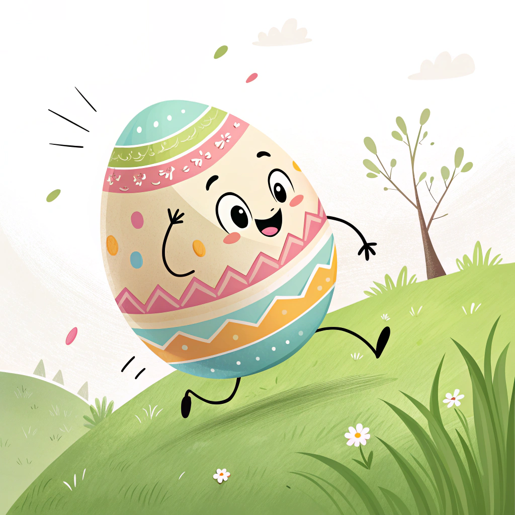 A sticker depicting a playful Easter egg rolling down a green hill on Easter Monday.