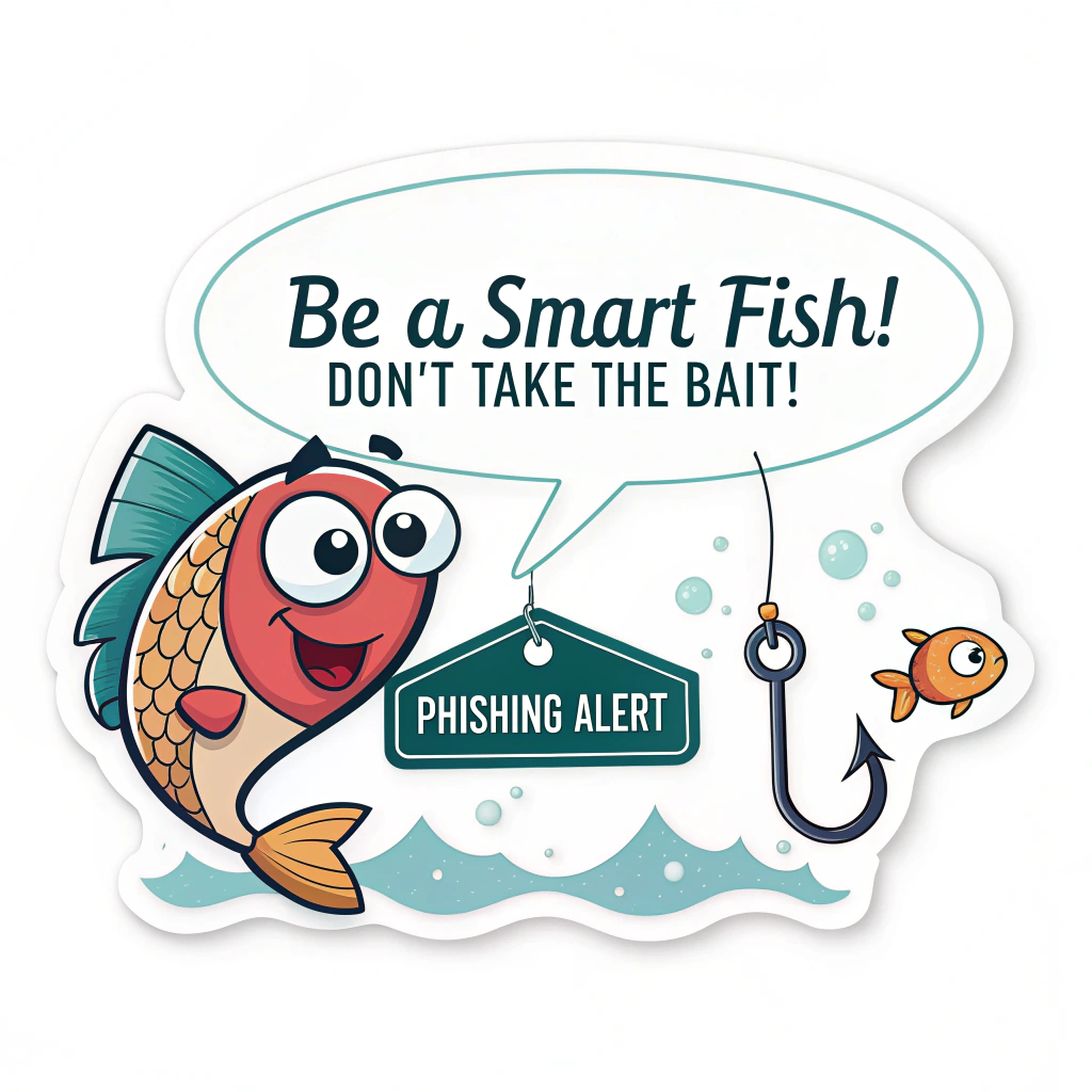 Smart Fish Avoiding Lure: A cartoon fish cleverly swimming away from a digital lure (e.g., shaped like a 'login' button or a 'free gift' icon on a hook). Text: 'Be a Smart Fish! Don't Take the Bait!'. 'Phishing Alert' can be a secondary tagline.