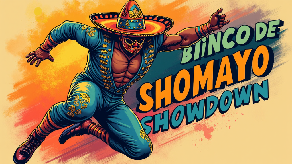 A dynamic illustration of a luchador in mid-air, performing a signature move, wearing a brightly colored mask. The words 'Cinco de Mayo Showdown' could be integrated into a speed/motion effect or as a bold title. The mask could subtly incorporate elements like an eagle or sombrero.