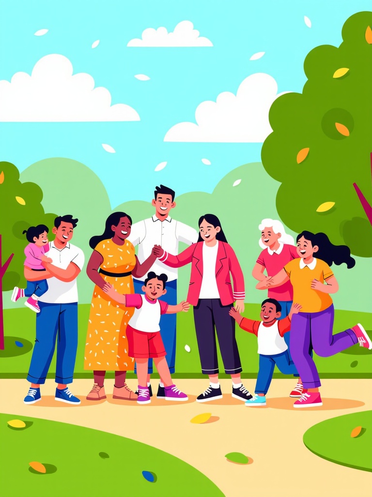 The image is an illustration of a large group of people in a park. There are nine people in the image, all of whom are smiling and holding hands. The group is standing on a path in the middle of the park, surrounded by trees and bushes. The sky is blue with white clouds and there are fallen leaves scattered around.  In the center of the group, there is a man holding a small child in his arms. He is wearing a white shirt and blue jeans. Next to him, there are two women and two children, one wearing a yellow dress and the other wearing a pink dress. The woman in the yellow dress is holding the child in her arms, while the man in the pink dress is standing next to her. The children are also smiling and appear to be happy and enjoying each other's company. The overall mood of the image is cheerful and happy.