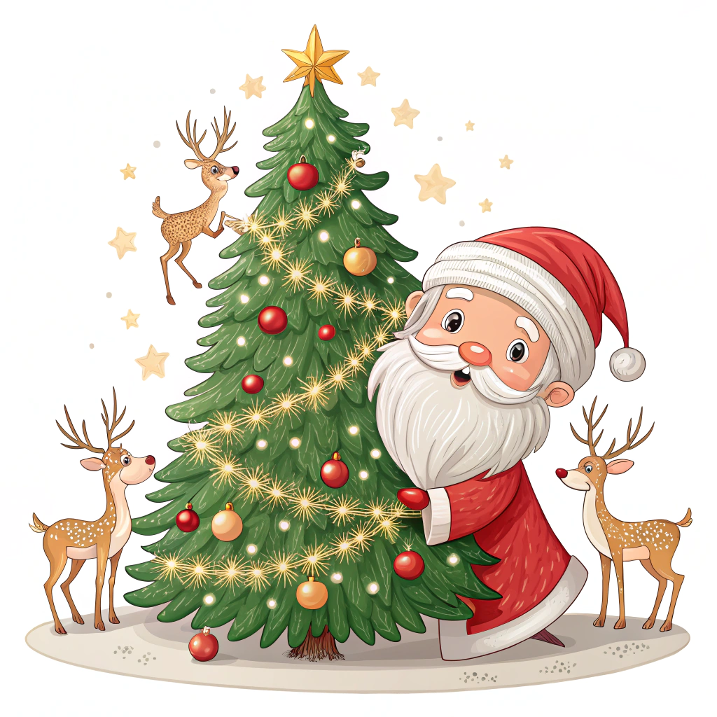 A jolly Christmas tree sticker featuring Santa Claus peeking out from behind the tree, surrounded by twinkling lights and miniature reindeer prancing around.