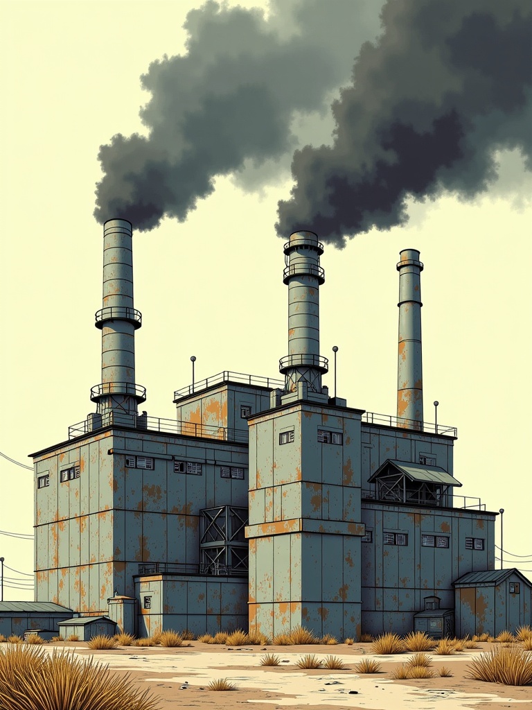 The image is an illustration of a large industrial building with three tall chimneys. The building appears to be made of concrete and is painted in a light blue color. The chimneys are tall and cylindrical, with black smoke billowing out of them. The sky is a pale yellow color, and the ground is covered in dry grass and shrubs. There are a few power lines visible in the background. The overall mood of the image is bleak and desolate.