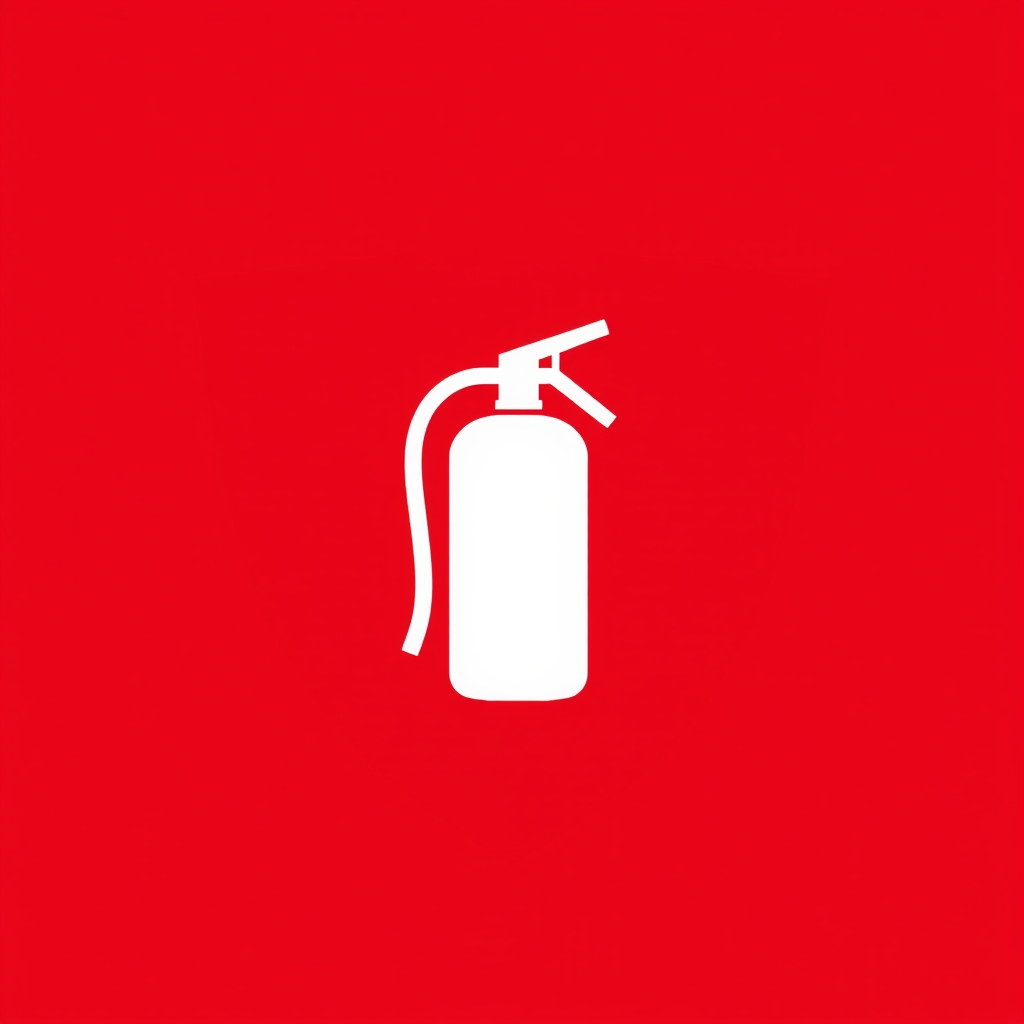 A red shield with a white fire extinguisher silhouette inside, conveying safety and protection.