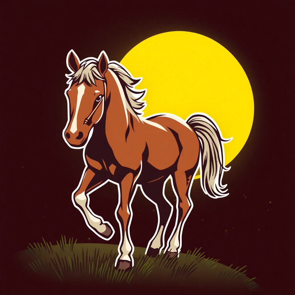 The image is a digital illustration of a horse running on a grassy field with a full moon in the background. The horse is a chestnut color with a white mane and tail. It is galloping with its front legs stretched out and its head turned to the side. The sun is a bright yellow color and is partially visible in the top right corner of the image. The background is dark, making the horse and the moon stand out. The overall style of the illustration is cartoon-like and the colors are bright and vibrant.