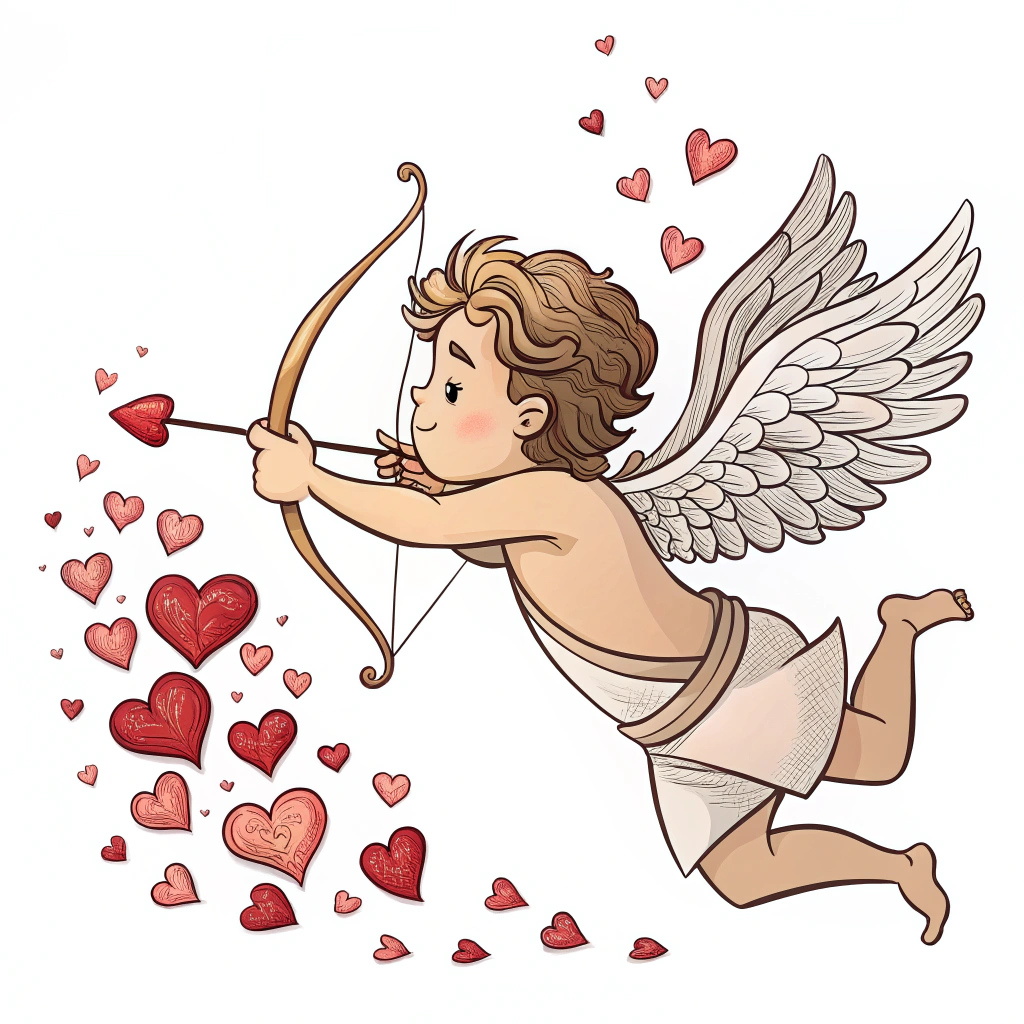 A sticker depicting Cupid trying to aim his arrow while being playfully distracted by a flock of fluttering hearts.