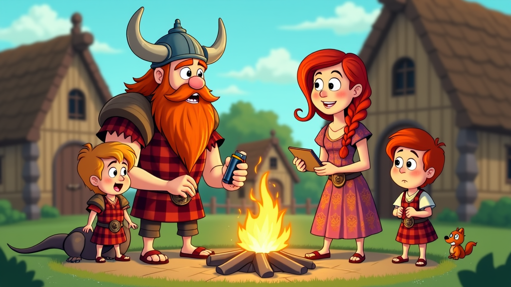 A cartoon featuring a Viking family in everyday life, but with a comedic twist. They live in a traditional Viking village, but deal with modern problems and misunderstandings.