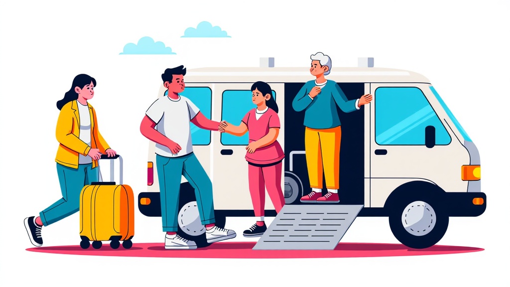 Family Outing / Accessibility: A scene showing a family (e.g., parents with young children) or an elderly individual with a mobility aid being comfortably assisted into or out of a spacious robotaxi. Highlight features like automatic ramps or ample luggage space.