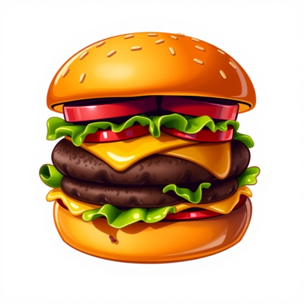 Use high-quality shading and textures to make the burger look appetizing and realistic. The colors should be vibrant, mimicking a freshly prepared hamburger.