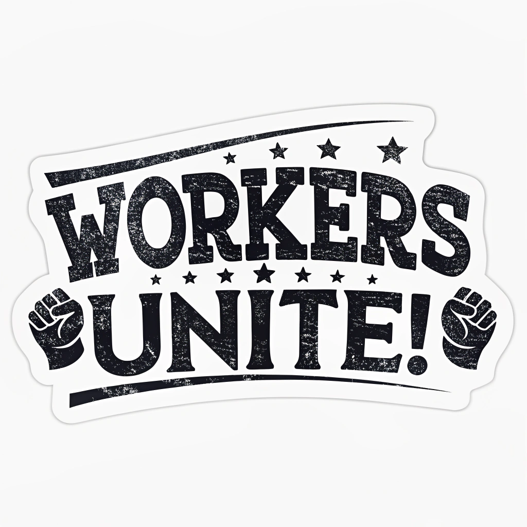 Sub Design 1: Use a bold, heavily distressed sans-serif font for 'Workers Unite!', perhaps slightly tilted or arched for dynamic impact. Minimal background color to emphasize the text.