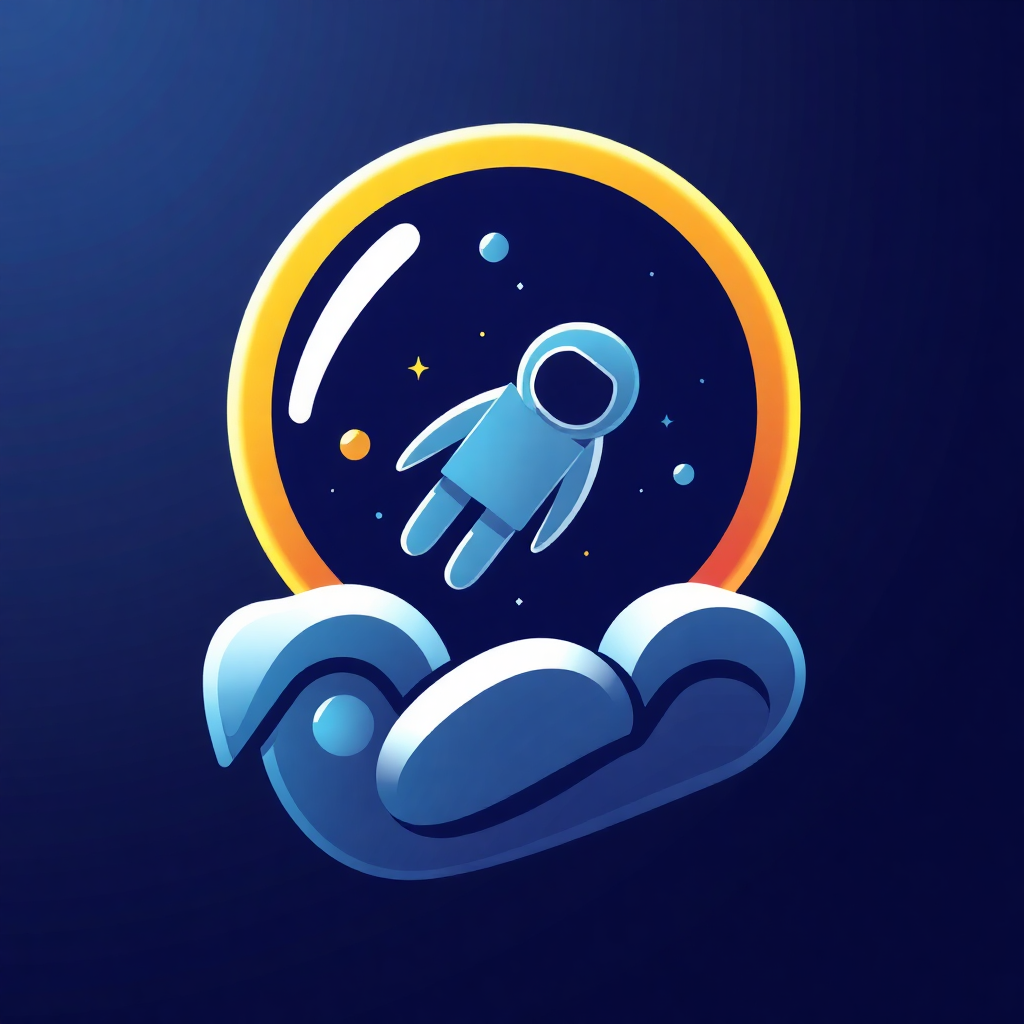 The image is an illustration of an astronaut floating in the sky. The astronaut is in the center of the image, with a blue body and a white helmet. It is surrounded by a yellow circle with a crescent moon and stars inside. The background is dark blue, and there are two white clouds on either side of the astronaut. The overall design is simple and cartoon-like.