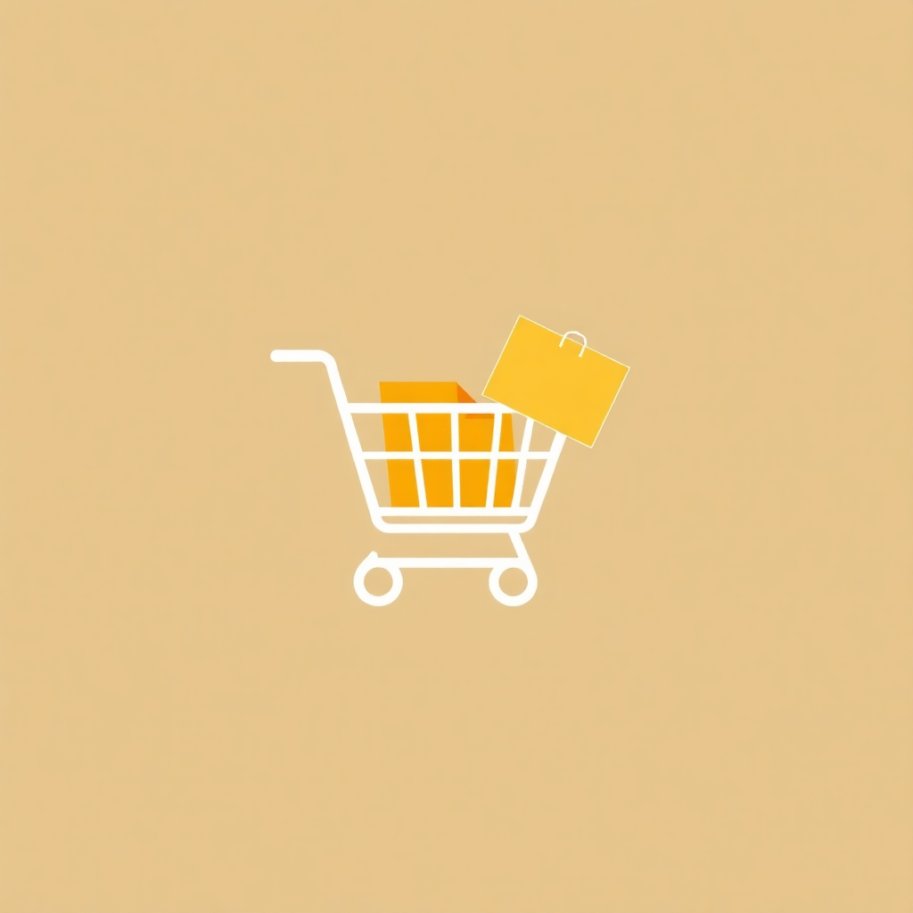 The image is a simple illustration of a shopping cart with a yellow shopping bag in it. The shopping cart is in the center of the image and is drawn in a simple, minimalistic style. The background is a light peach color and the cart is outlined in white. The bag is rectangular in shape and has a handle on the top for easy carrying. It appears to be empty and is placed in the cart.