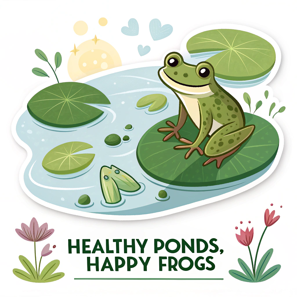 Habitat Focus Sticker: Illustrate an adult frog in a healthy pond environment (lily pads, clean water). Subtly include small icons of the other lifecycle stages within the scene. Add the text 'Healthy Ponds, Happy Frogs'.