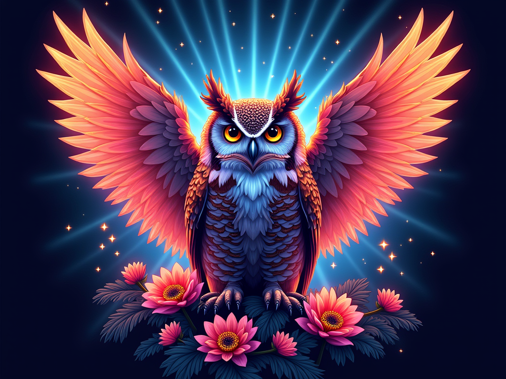 A majestic owl with wings made of blooming, vibrant flowers like daisies and lotuses, with geometric patterns subtly integrated into its feathers. The background features a stylized, glowing representation of the KineticFIELD stage, with light rays emanating outwards, giving a sense of kinetic energy. The owl's eyes could be large and captivating, reflecting the festival lights.