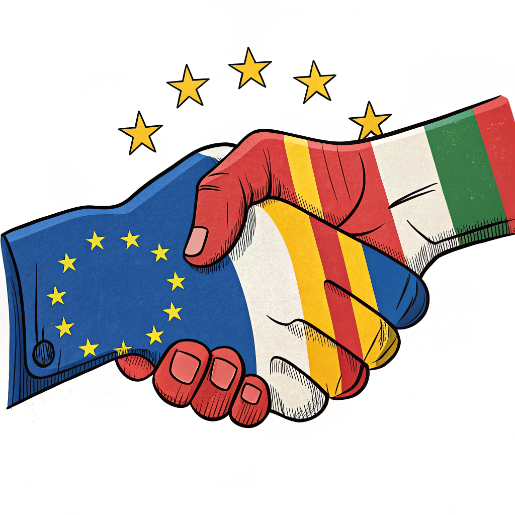 Design Idea 4: A cartoon-style fist shaking hands with another fist, each adorned with European flags, to represent cooperation.