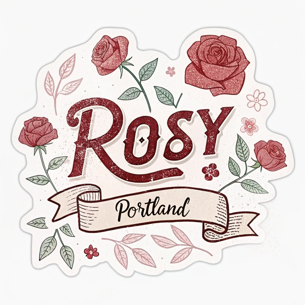 Typography in a retro, slightly distressed script font, with 'Rosy' emphasized and perhaps filled with a pattern of small rose illustrations. A banner element could hold 'Keep Portland'.