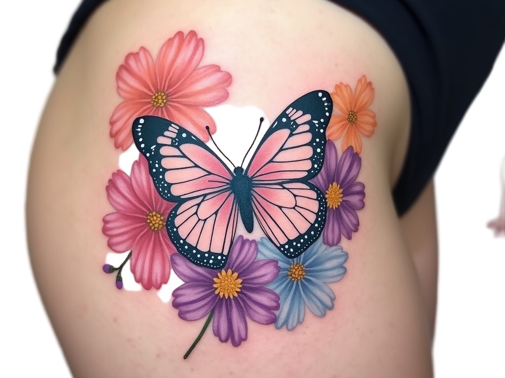 A delicate butterfly tattoo nestled among flowers, using soft colors to create a garden effect on a hip, symbolizing growth and beauty.