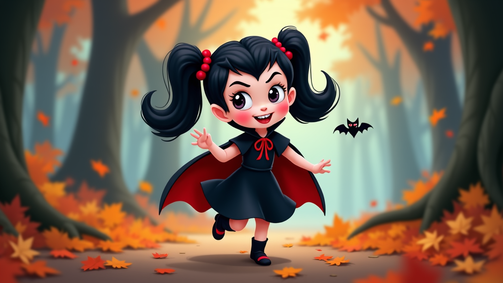 The image is a digital illustration of a cute little girl dressed up as a vampire. She is wearing a black dress with a red cape and a red bow on her head. She has long black hair styled in two pigtails with red bows on top. The girl is standing in a forest with orange and yellow leaves scattered on the ground. In the background, there are tall trees with bare branches and a bat flying in the air. The overall mood of the image is spooky and Halloween-themed.