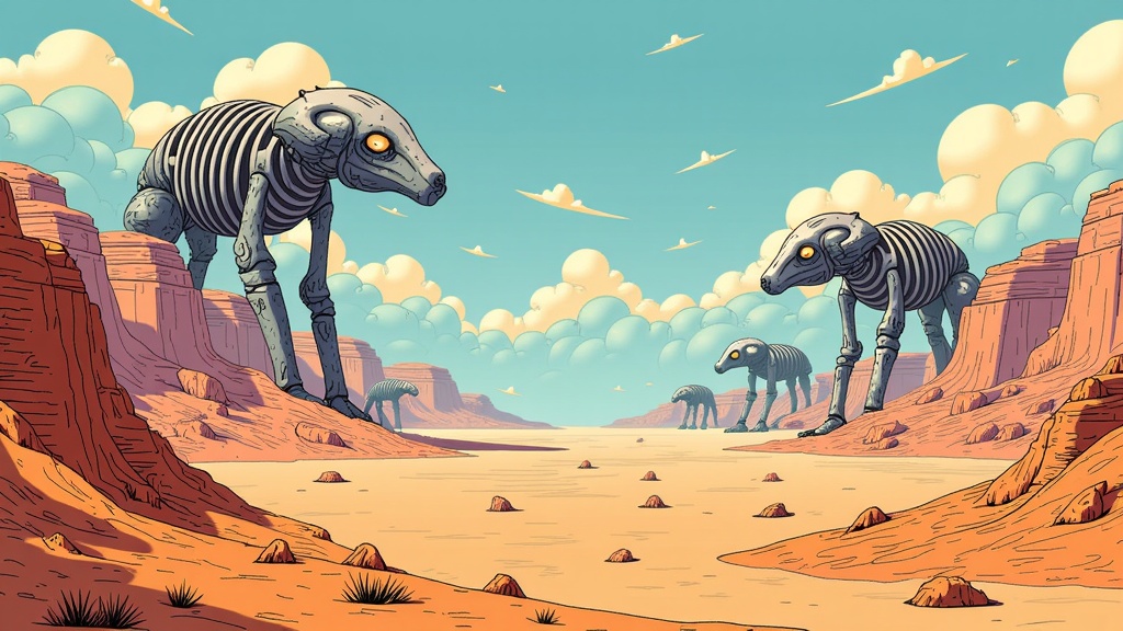 Bio-Mechanical Landscapes: Vast landscapes or environments where nature and machine are indistinguishable. Example: A desert where giant, ancient bio-mechanical creatures have become part of the terrain, their metallic skeletons forming canyons, or a cityscape grown organically, with buildings of bio-concrete and living metal.
