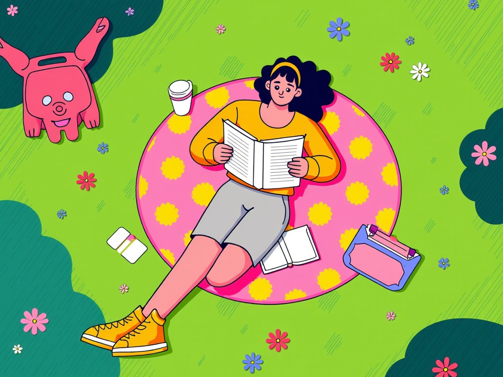 An overhead view shows someone lying on a picnic blanket in a park, surrounded by nature, completely absorbed in their poetry reading, oblivious to the surroundings.