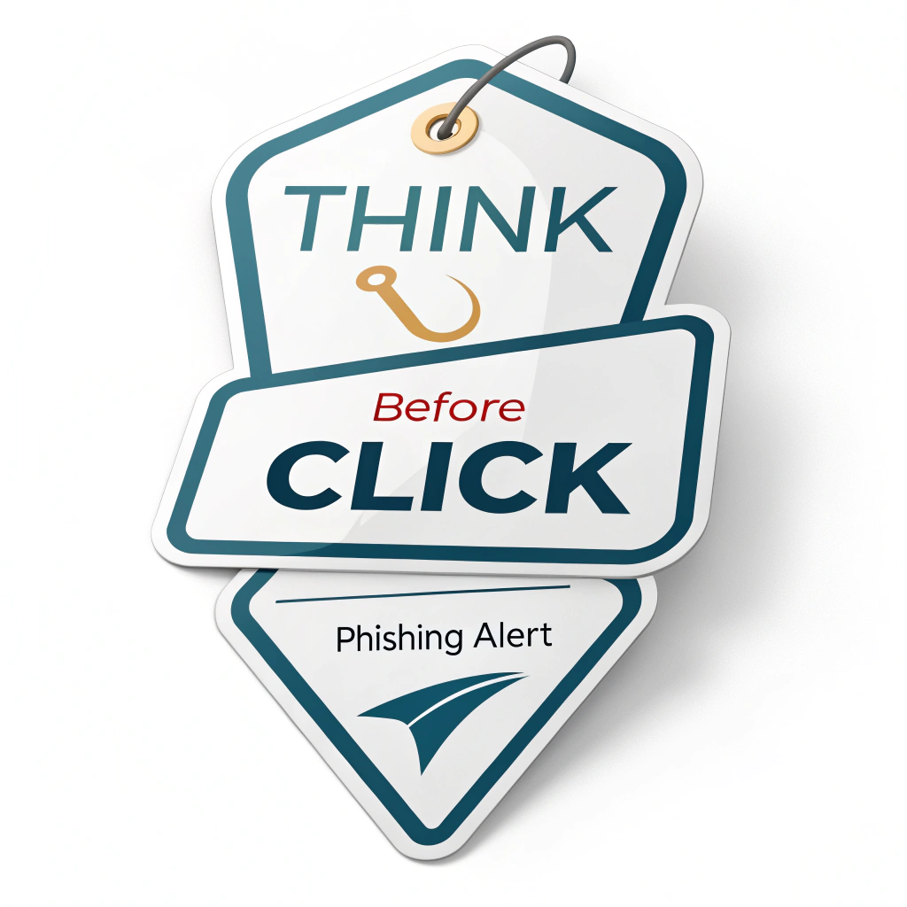 Simple Logo/Visual Element Idea: The words 'THINK' and 'CLICK' stacked, with 'BEFORE' between them in a smaller font. A stylized fishhook subtly integrated into the letter 'C' of 'CLICK' or as part of a warning border. 'Phishing Alert' can be a tagline.