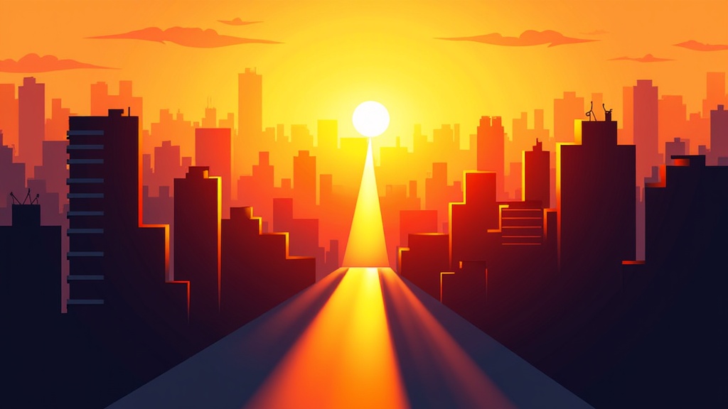 Golden Dawn Awakening: Illustrate the city as the first rays of golden sunlight break over the horizon. Show sharp, emerging details, lengthening shadows in reverse, and the stirring of life. Focus on the contrast between the warm light and cooler shadowed areas, symbolizing a new beginning.
