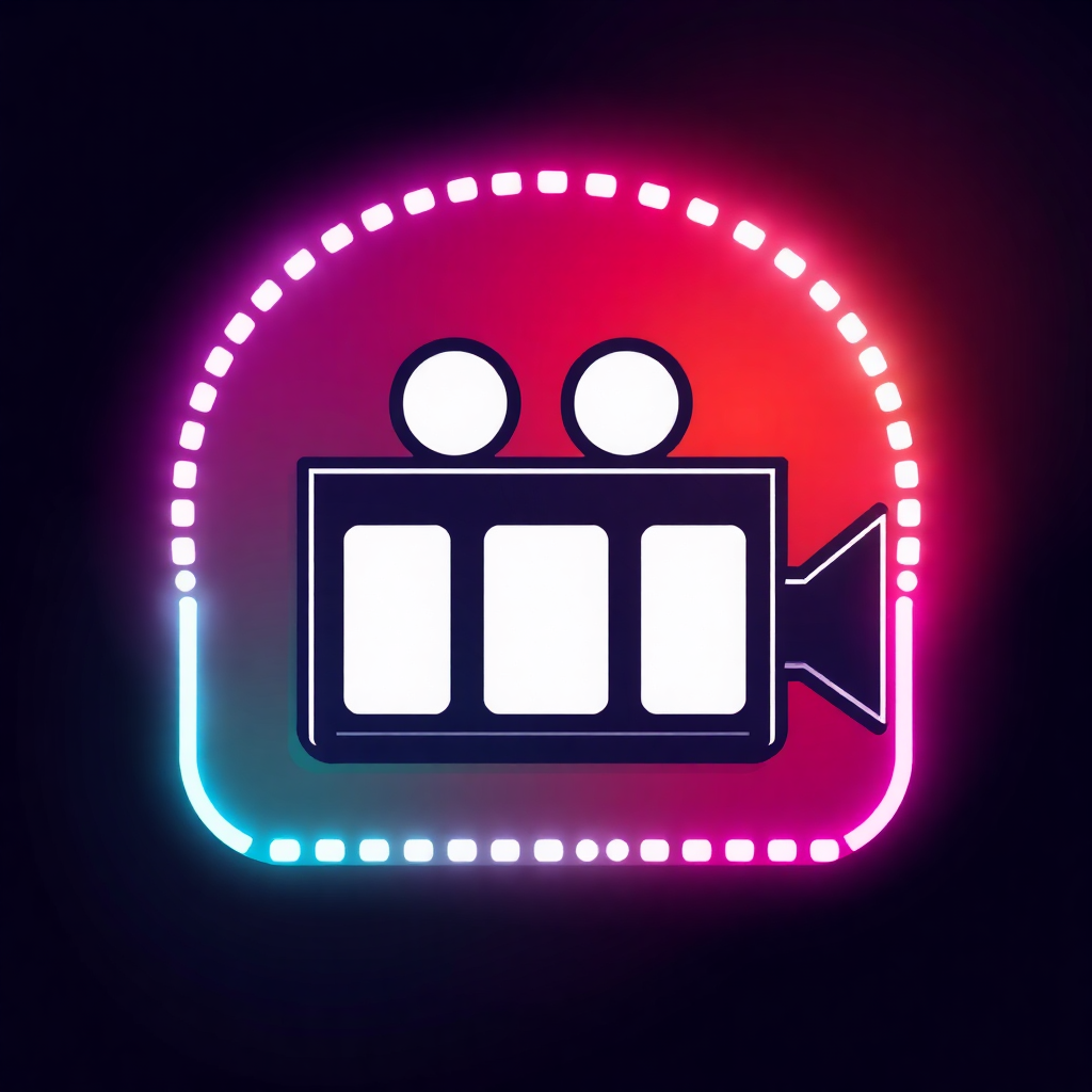 The image shows a neon video camera icon on a dark background, illuminated by a bright light.