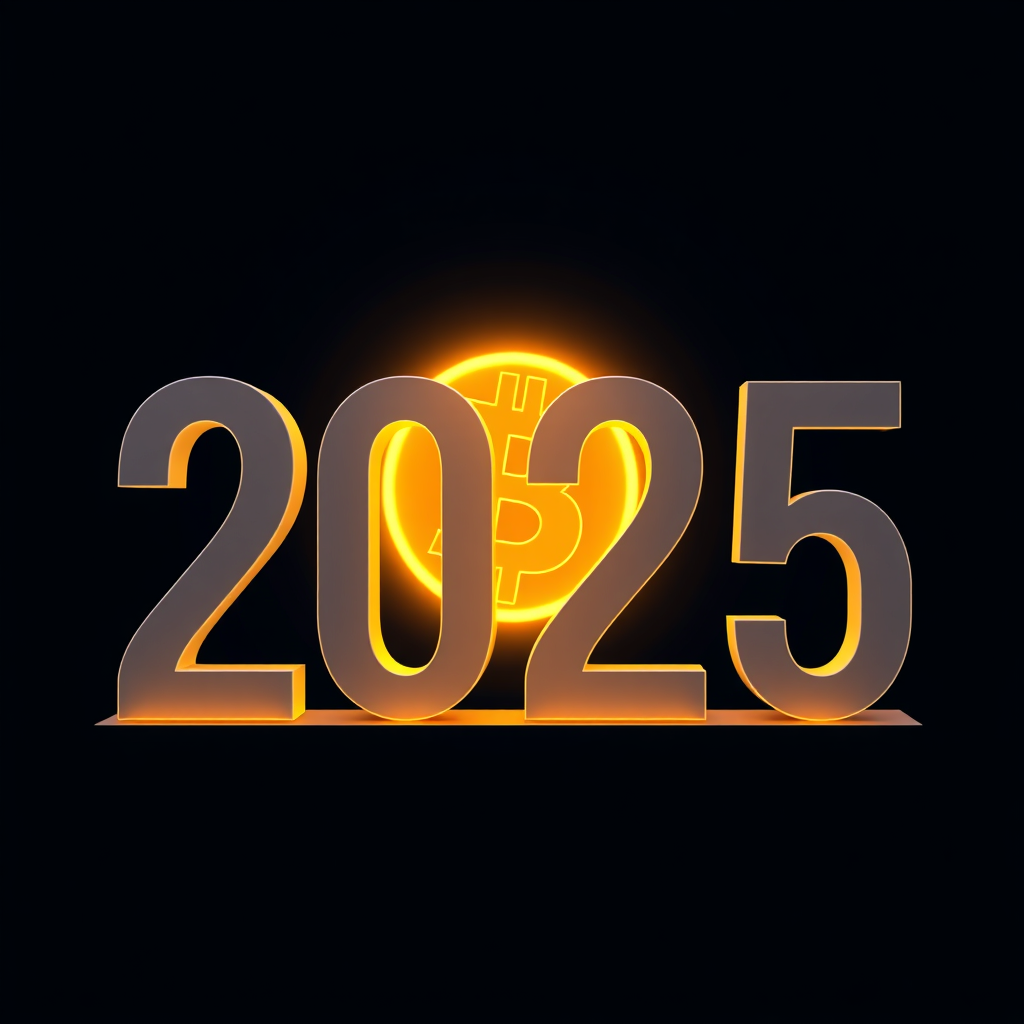 Luminous '2025' Landmark: A bold, clean '2025' is the focal point, with a radiant Bitcoin orange glow emanating from behind or within one of the numerals, symbolizing Bitcoin as the core technology illuminating the year.