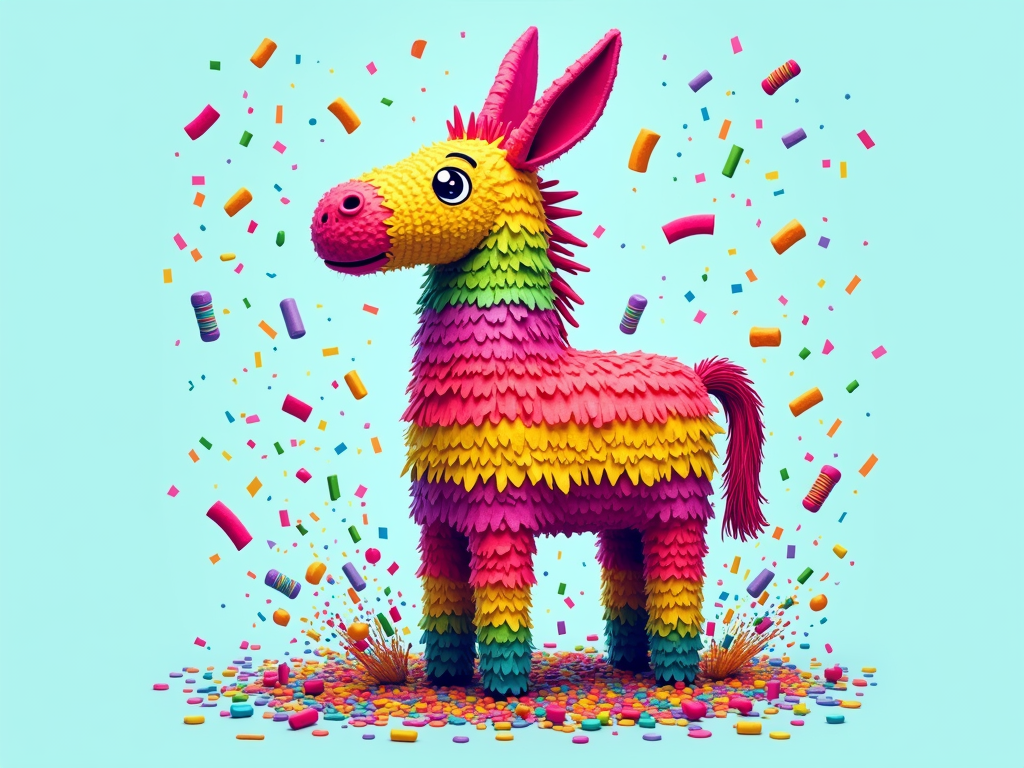T-Shirt Design: 'The Burst Moment' - Capture a traditional piñata (e.g., donkey or star) at the exact moment it cracks open, with a dynamic explosion of brightly colored, stylized candies and festive confetti. Use energetic lines and a vibrant Cinco de Mayo color palette.