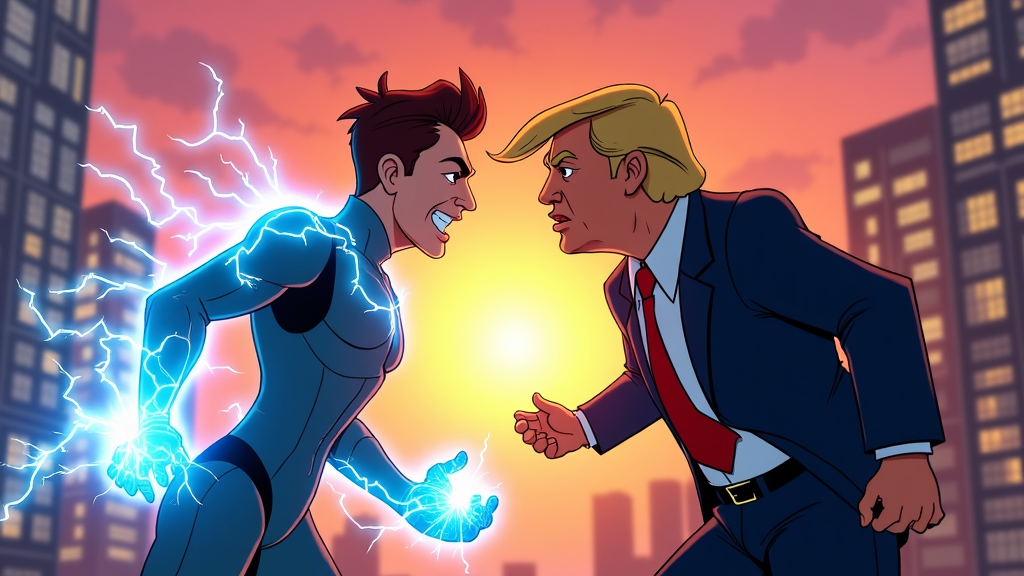 A comic book-style confrontation between Elon Musk and Donald Trump, each exhibiting powers like electric charges and wind gusts respectively, in an allegorical battle.