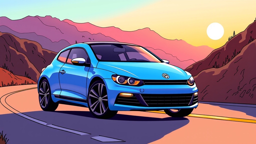 The image is an illustration of a blue Volkswagen car driving on a winding road in a mountainous landscape. The car is in the center of the image, with the mountains on either side of the road. The sky is a beautiful orange and pink color, with a full moon visible in the top right corner. The sun is setting, casting a warm glow over the scene. The mountains are covered in greenery, and the road is a deep blue-purple color. The Volkswagen logo is prominently displayed on the front of the car.