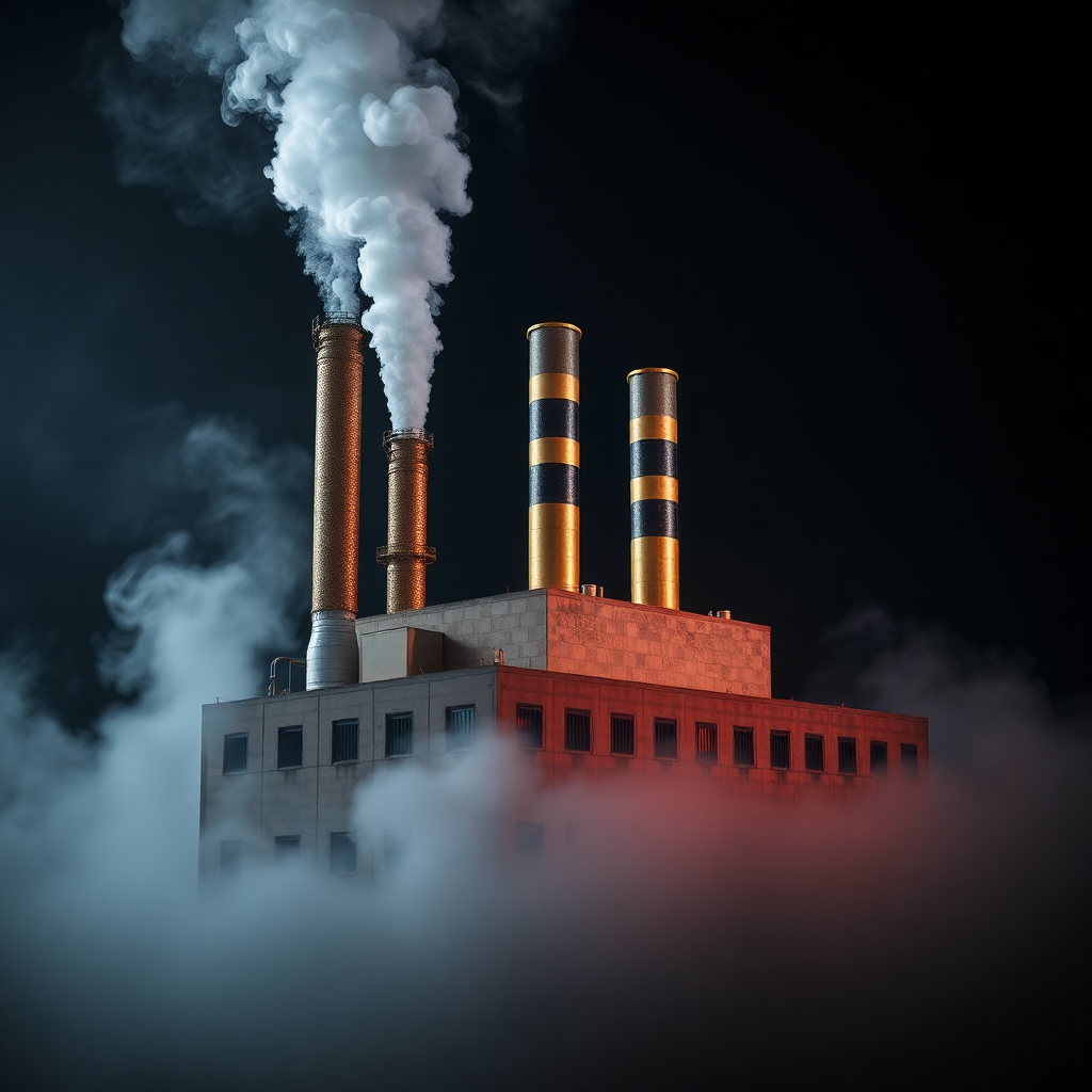  a factory building with three tall chimneys emitting white smoke. The chimneys are cylindrical in shape and have black and gold stripes on them. The building is made of concrete and has a red roof. The background is dark, making the smoke stand out even more. The smoke is billowing out of the chimneys, creating a hazy effect. The image is taken from a low angle, looking up at the building. The overall mood of the image is dark and ominous.